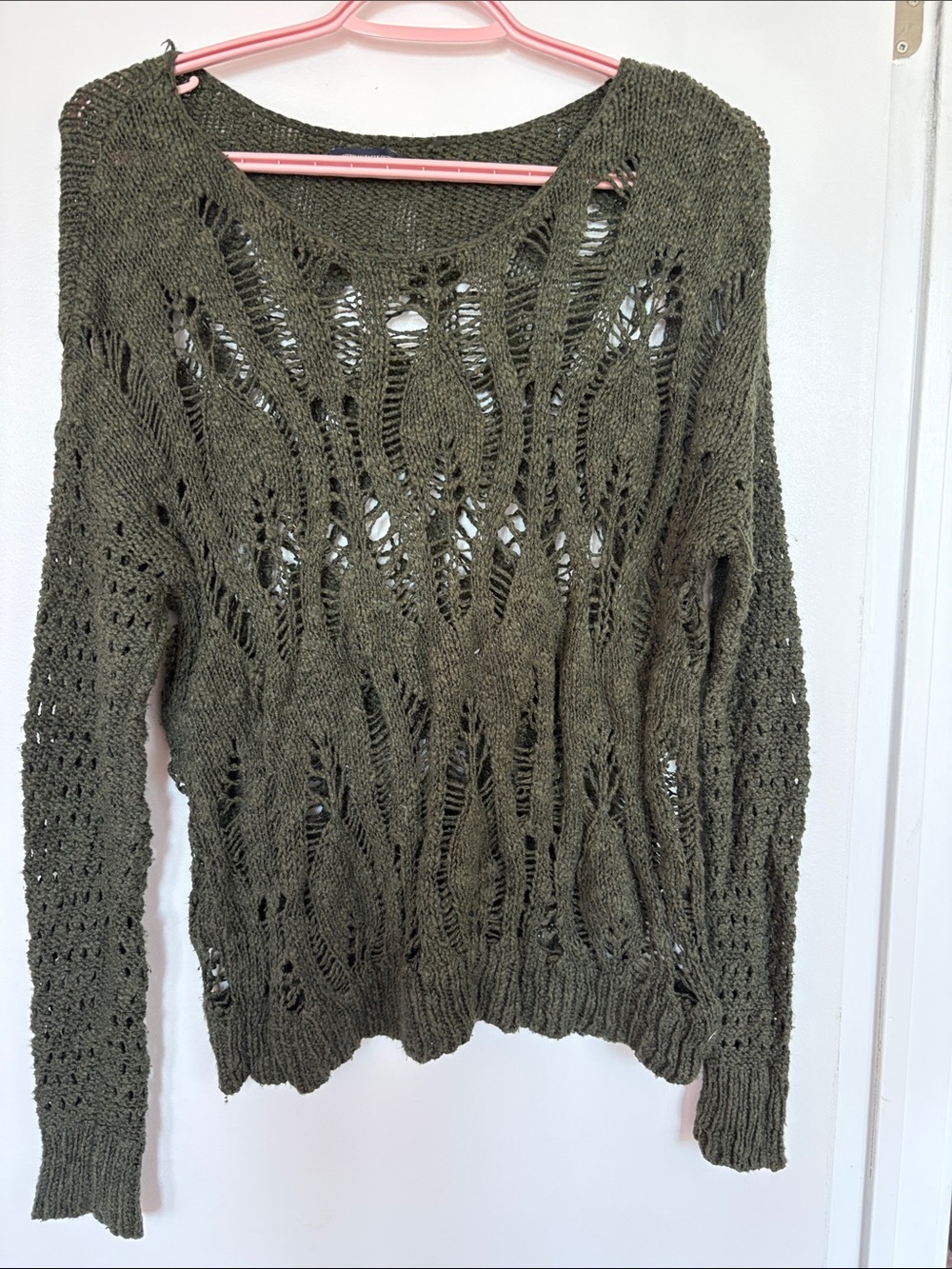 American Eagle Outfitters Olive Open-Knit Scoop Neck Sweater